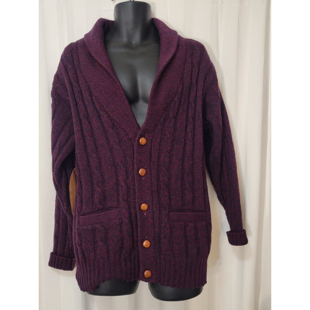 Vintage Y2k Eddie Bauer Men's S Wool Preppy Cable Knit Cardigan Sweater Elbow